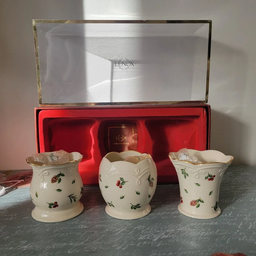 Lenox Holiday Votives Set of 3 Holly Leaves & Berries Christmas Seasonal Classic